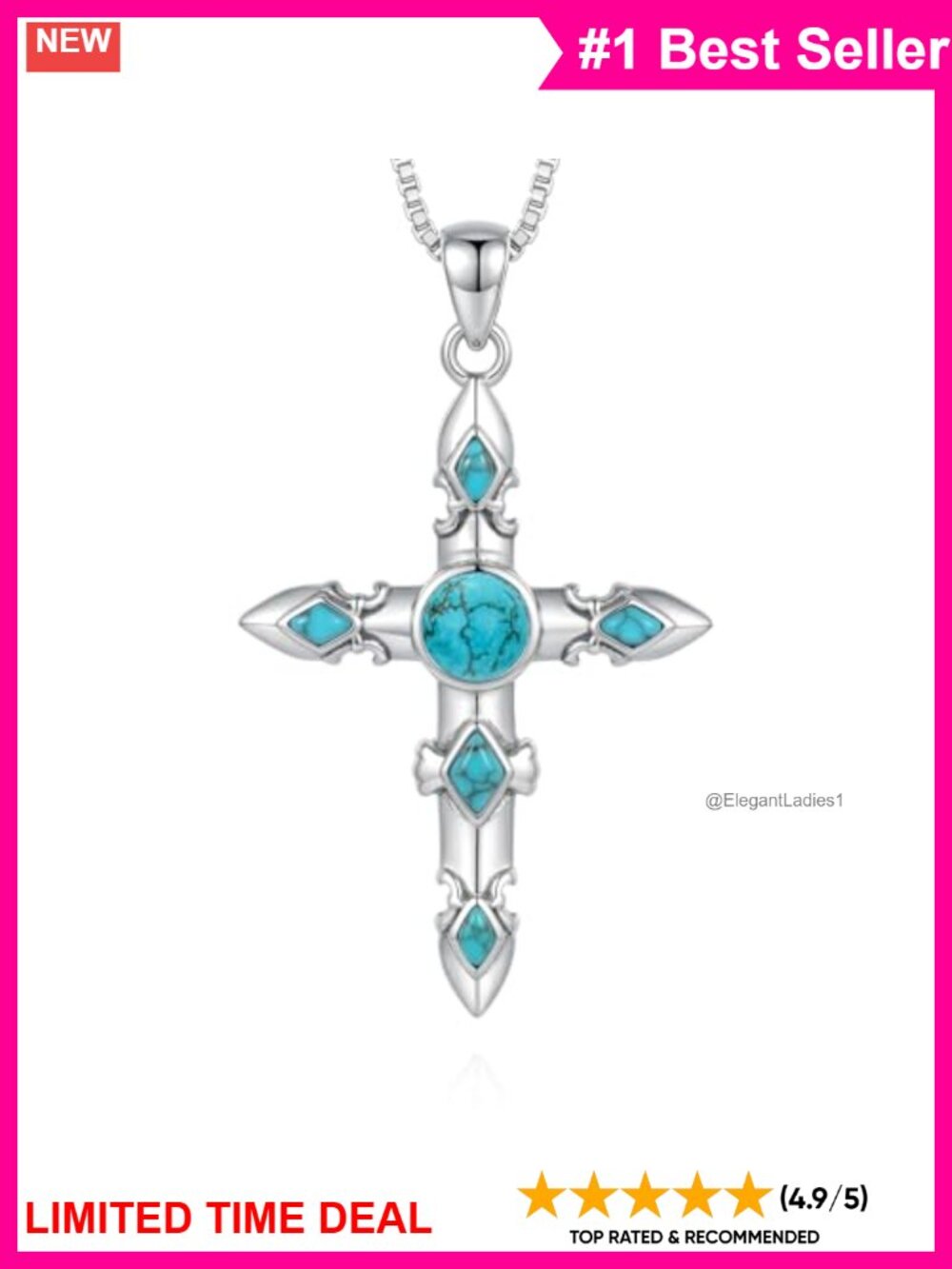 Sterling Silver Turquoise Cross Pendant Necklace 18-20 Inch Adjustable Chain